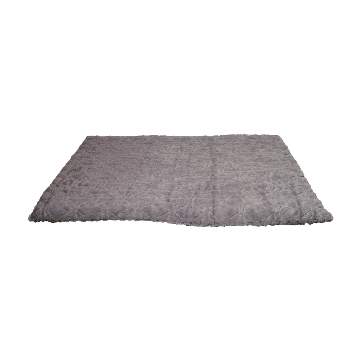 Rosewood Orthopaedic Bone Plush Dog Mattress in grey, featuring a rectangular sleeping surface with soft plush fabric and a stitched bone pattern on a white background.