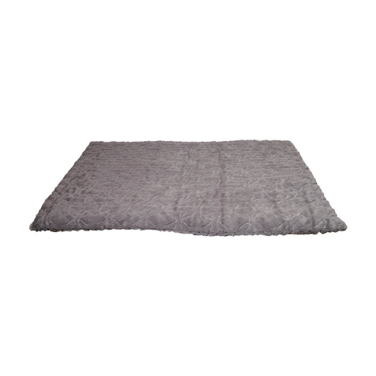 Rosewood Orthopaedic Bone Plush Dog Mattress in grey, featuring a rectangular sleeping surface with soft plush fabric and a stitched bone pattern on a white background.