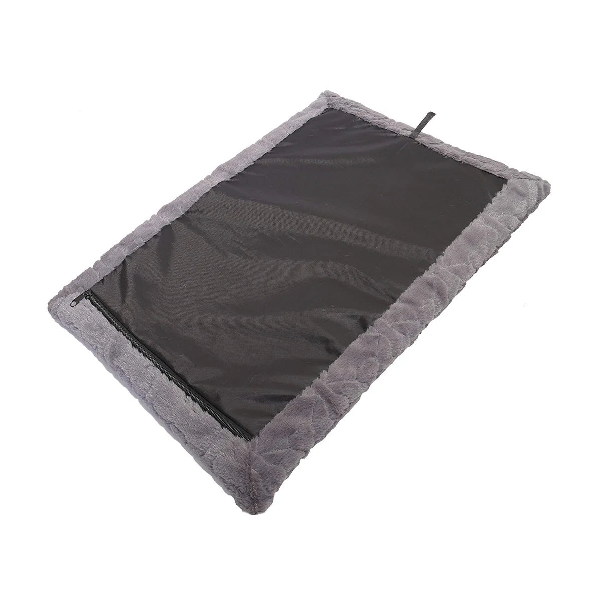 Underside of Rosewood Orthopaedic Bone Plush Dog Mattress showing the black non-slip base, zip fastening and soft grey plush edging.