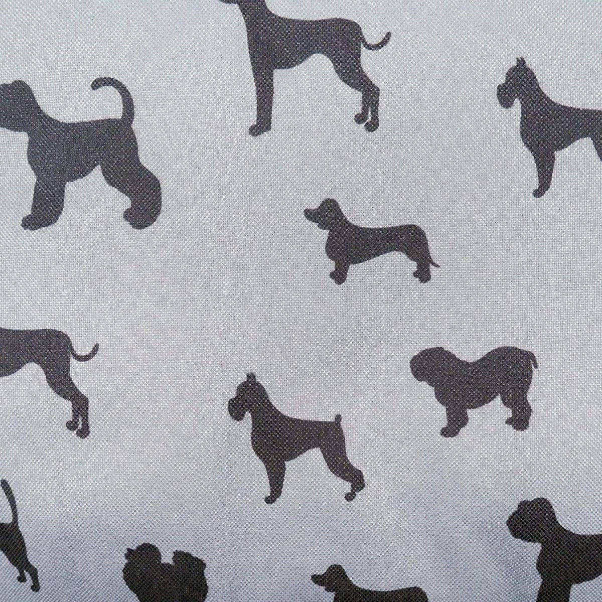 Close-up of the Rosewood dog mattress grey canvas fabric featuring dark silhouettes of different dog breeds.
