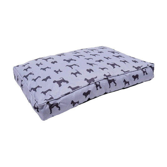 Rosewood Padded Dog Print Grey Mattress with dark dog silhouette pattern, rectangular padded design and neutral grey canvas, angled front view.