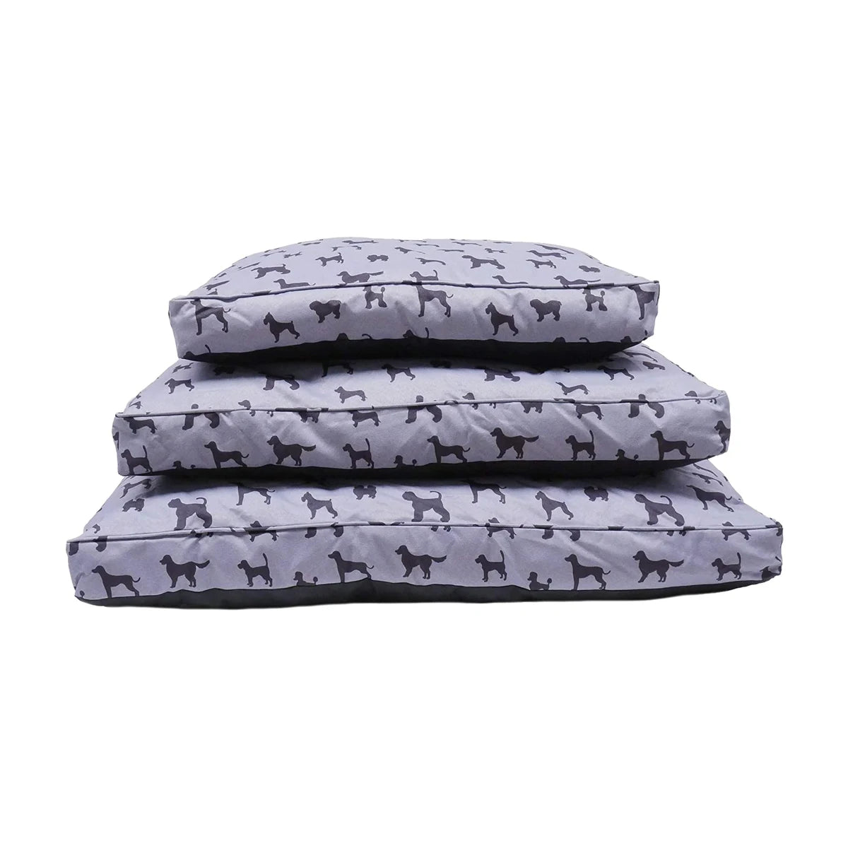 Rosewood Padded Dog Print Grey Mattresses stacked to show the Small, Medium and Large sizes with matching dog silhouette fabric.