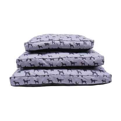 Rosewood Padded Dog Print Grey Mattresses stacked to show the Small, Medium and Large sizes with matching dog silhouette fabric.