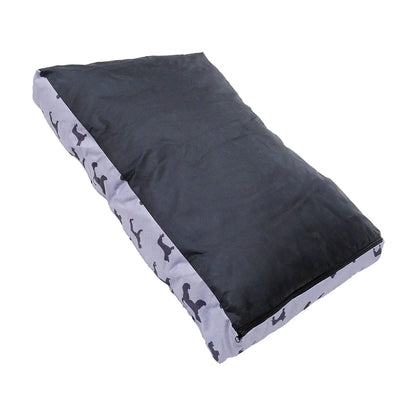 Underside of the Rosewood Padded Dog Print Grey Mattress showing the dark non-slip base and grey printed canvas edges.