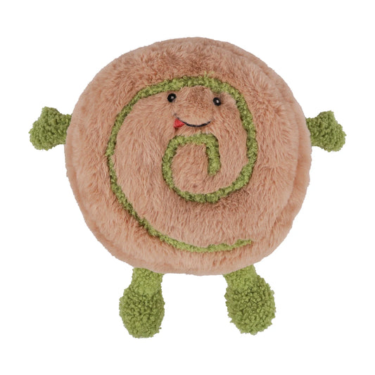 Rosewood Papa Pesto Pinwheel plush dog toy with peach-pink fluffy body, smiling face, green spiral and soft green arms and legs.