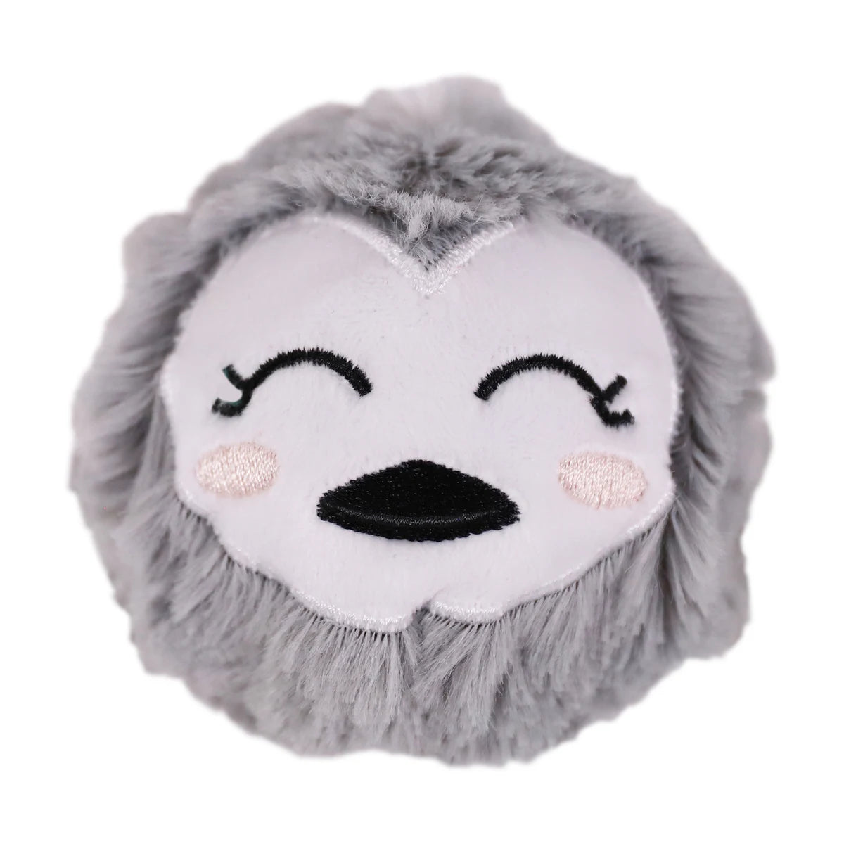Rosewood Parker Penguin Christmas dog toy with round grey fluffy body, white smiling face, embroidered eyes and black beak.