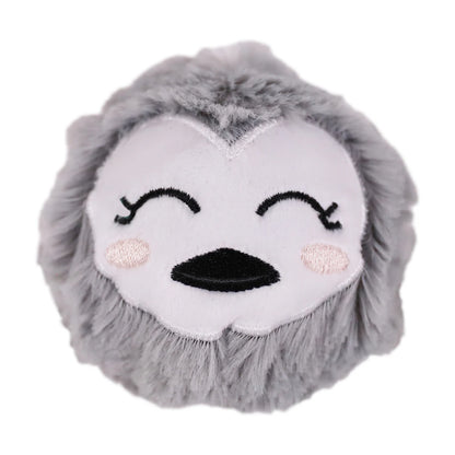 Rosewood Parker Penguin Christmas dog toy with round grey fluffy body, white smiling face, embroidered eyes and black beak.