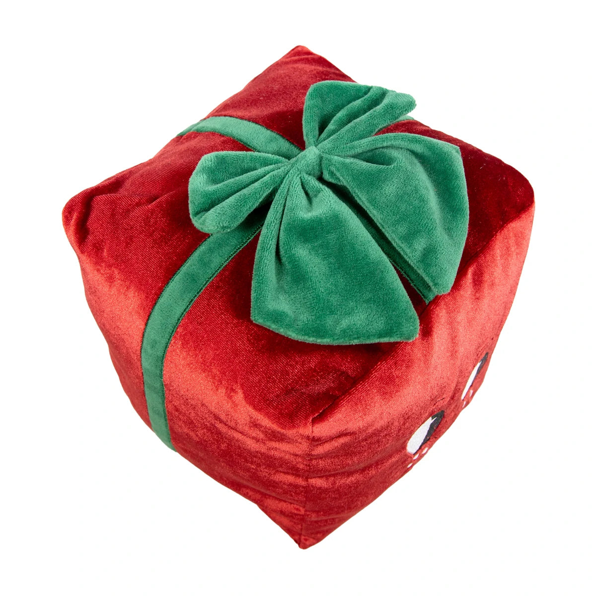 Angled top view of Rosewood Peter Present Christmas dog toy showing its green velvet bow and red plush gift box design.