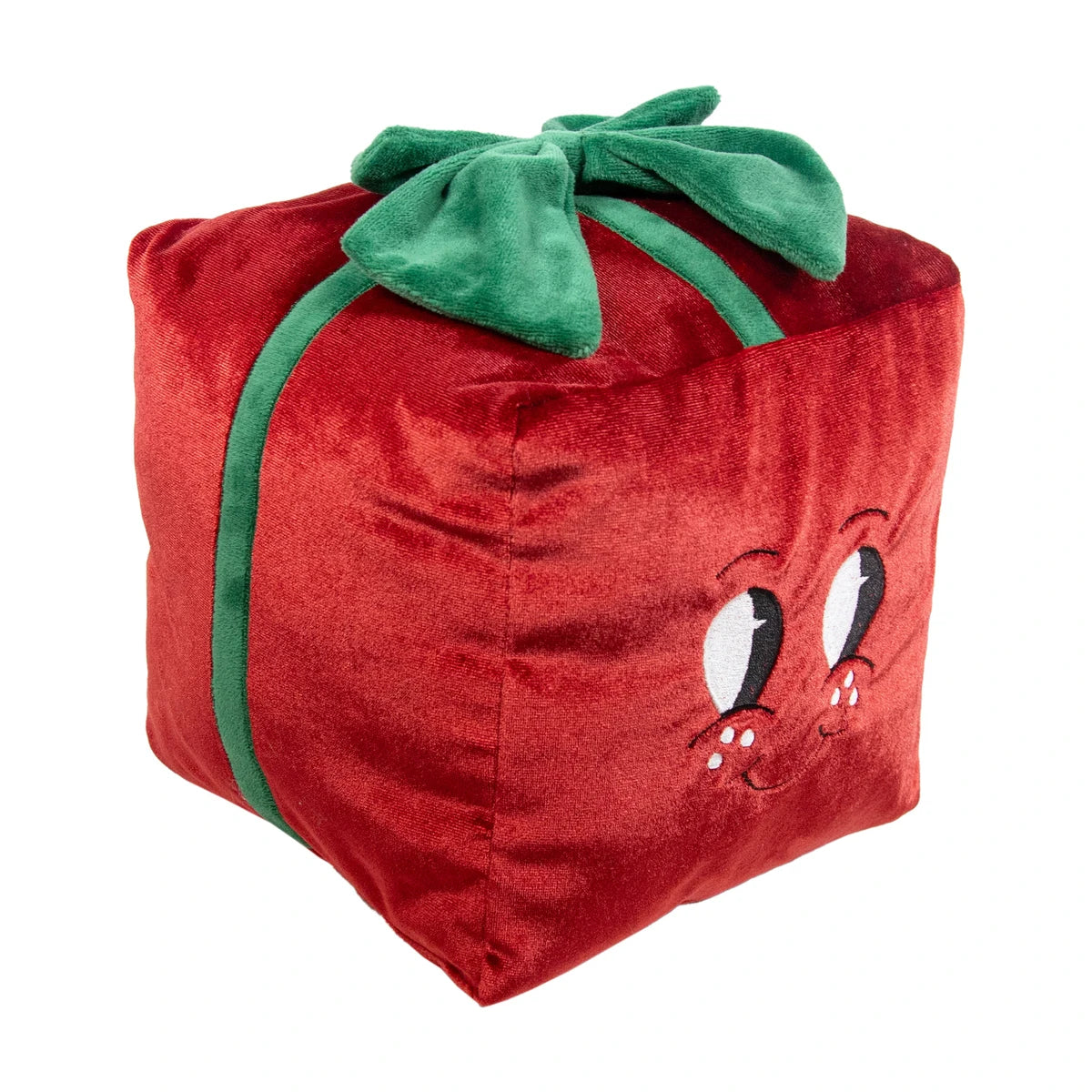 Rosewood Peter Present XL plush Christmas dog toy viewed from the side, showing red velvet fabric, green ribbon and embroidered face.