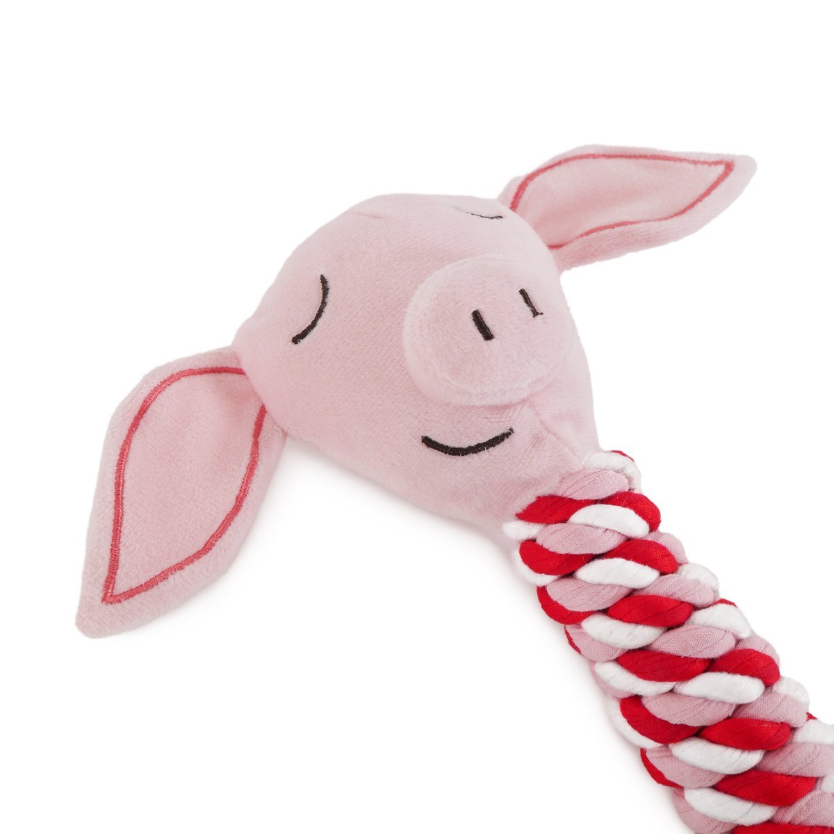 Close-up of the Rosewood Pig in Blanket dog toy showing its pink plush pig face, embroidered features, floppy ears and braided rope.