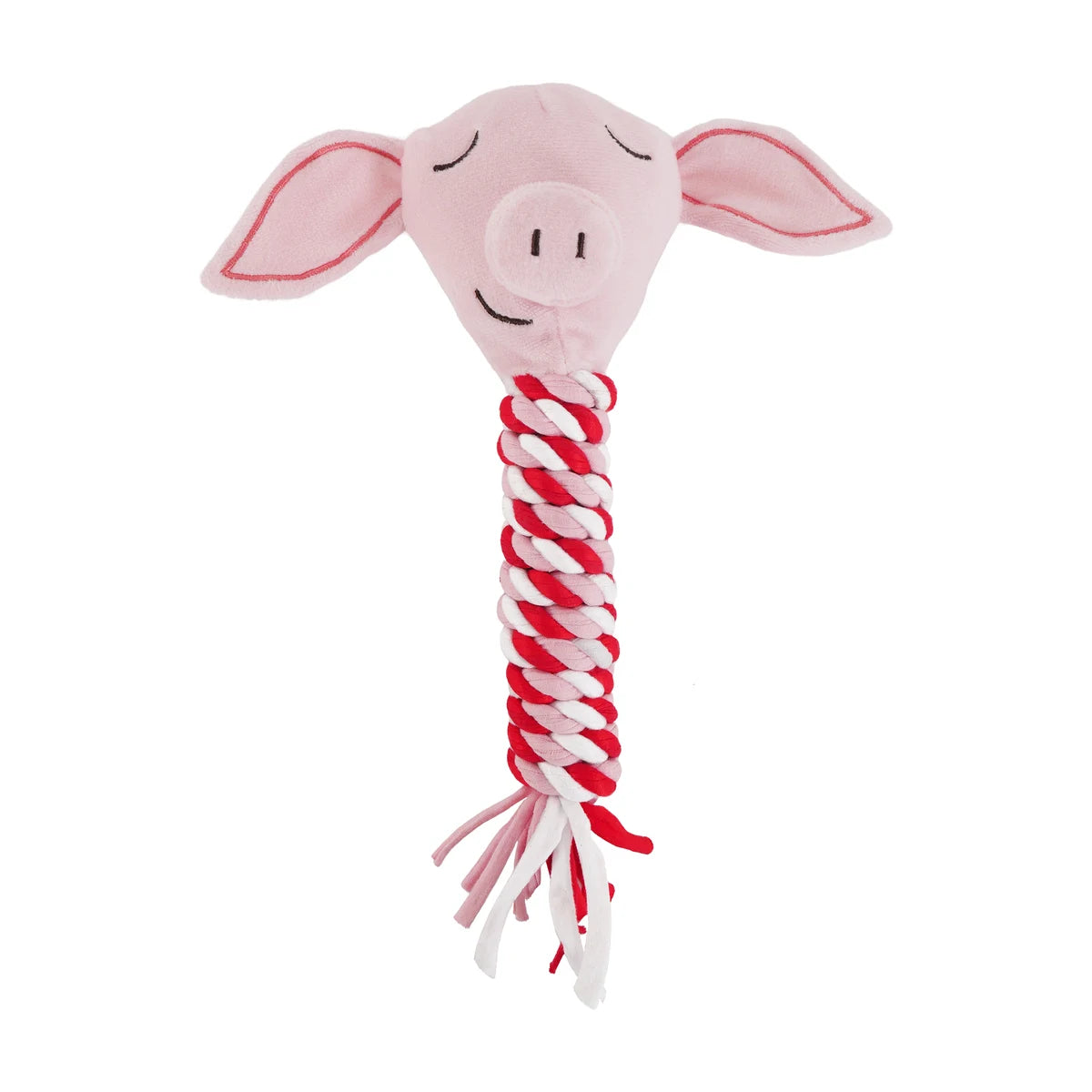 Rosewood Pig in Blanket dog toy featuring a pink plush pig head, braided red, white and pink rope body and tassel ends.