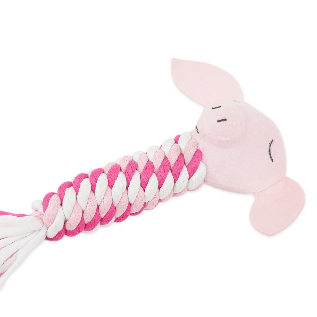 Angled view of Rosewood Pig in Blanket Rope cat toy showing its soft pink pig head, floppy ears and twisted pink and white rope body.