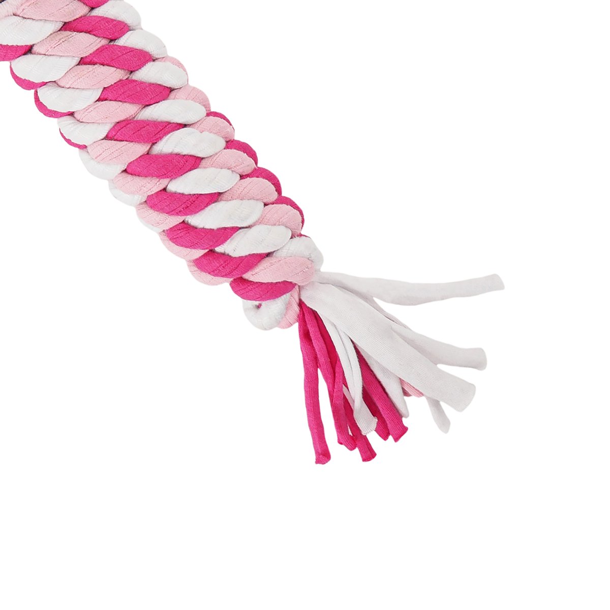 Close-up of the twisted pink and white rope body and loose tasselled ends of the Rosewood Pig in Blanket Rope Christmas cat toy.