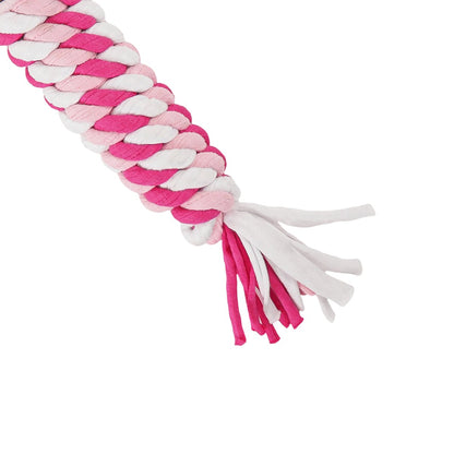 Close-up of the twisted pink and white rope body and loose tasselled ends of the Rosewood Pig in Blanket Rope Christmas cat toy.