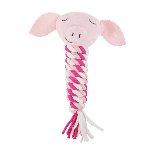 Rosewood Pig in Blanket Rope Christmas cat toy showing a soft pink pig head with embroidered face, long twisted pink and white rope body and tasselled ends.