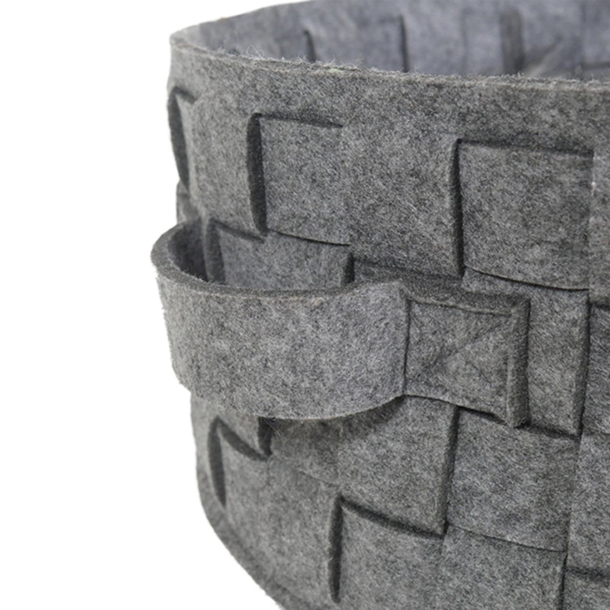 Close-up of the woven felt design and side handle on the Rosewood pet bed