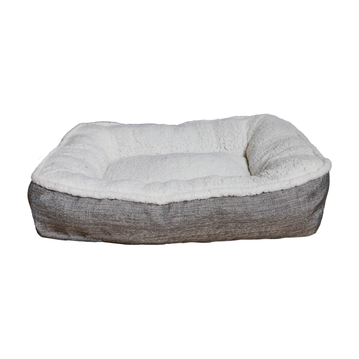 Rosewood Plush/Tweed Teddy Bear Dog Mattress with neutral grey tweed outer fabric, soft cream teddy bear fleece interior and cushioned raised sides on a white background.