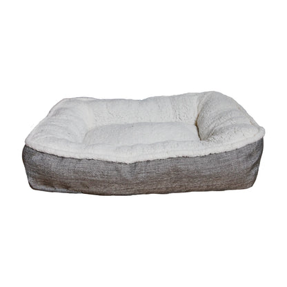 Rosewood Plush/Tweed Teddy Bear Dog Mattress with neutral grey tweed outer fabric, soft cream teddy bear fleece interior and cushioned raised sides on a white background.