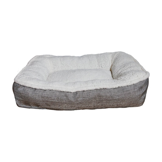 Rosewood Plush/Tweed Teddy Bear Dog Mattress with neutral grey tweed outer fabric, soft cream teddy bear fleece interior and cushioned raised sides on a white background.