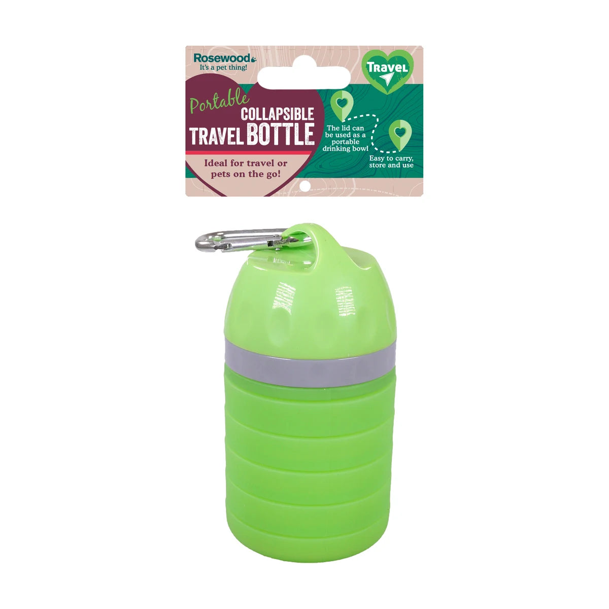 Rosewood Portable Collapsible Travel Bottle in green with carabiner and portable drinking bowl lid