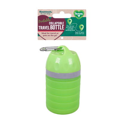 Rosewood Portable Collapsible Travel Bottle in green with carabiner and portable drinking bowl lid