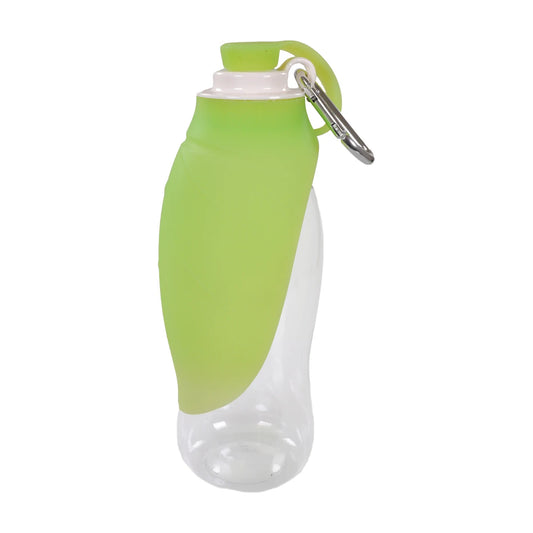 Rosewood Portable Leaf Travel Bottle in green with clear bottle and carabiner attachment