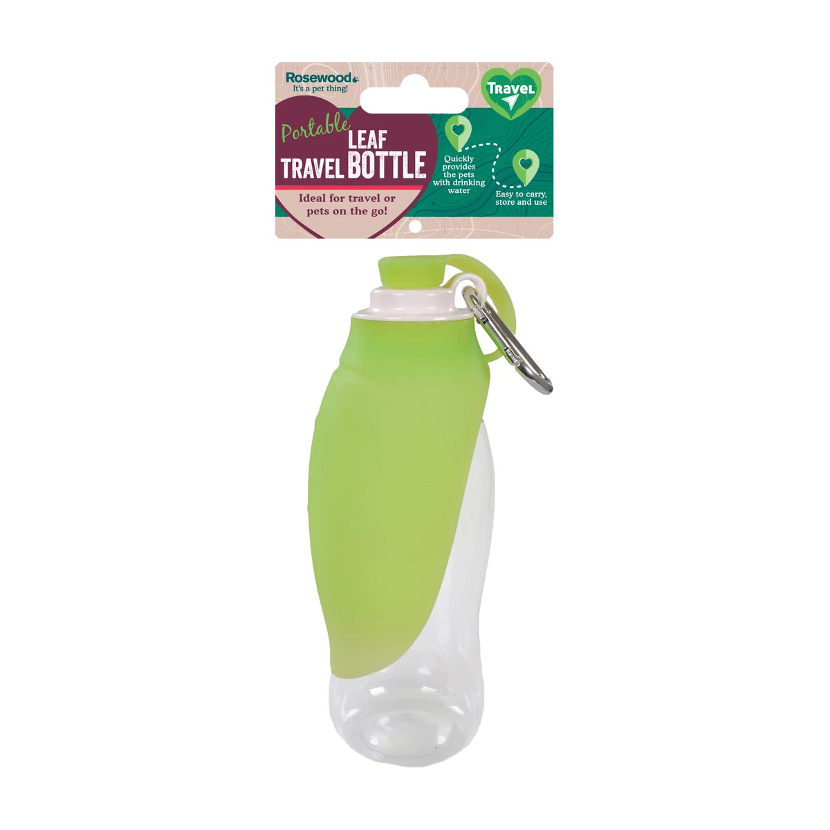 Rosewood Portable Leaf Travel Bottle with green leaf lid and carabiner for pet travel