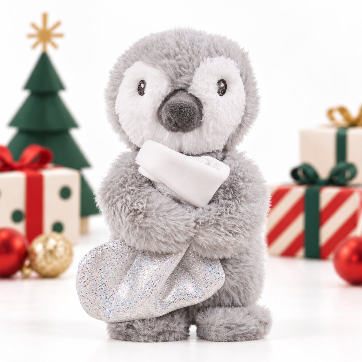 Rosewood Prancer Penguin plush dog toy with silver stocking displayed beside Christmas presents and festive decorations.