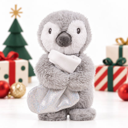 Rosewood Prancer Penguin plush dog toy with silver stocking displayed beside Christmas presents and festive decorations.