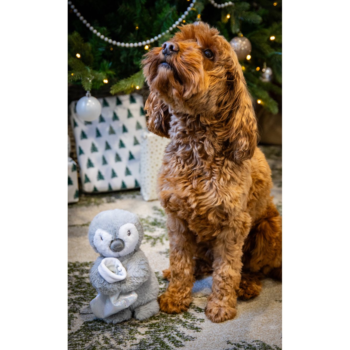 Happy brown dog sitting beside Rosewood Prancer Penguin grey plush Christmas dog toy with sparkly silver stocking.
