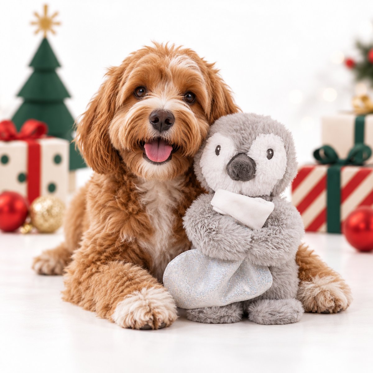 Brown fluffy dog lying beside the Rosewood Prancer Penguin interactive plush Christmas dog toy, featuring a grey and white penguin holding a sparkly silver treat-hiding stocking, with festive gifts and Christmas decorations in the background.