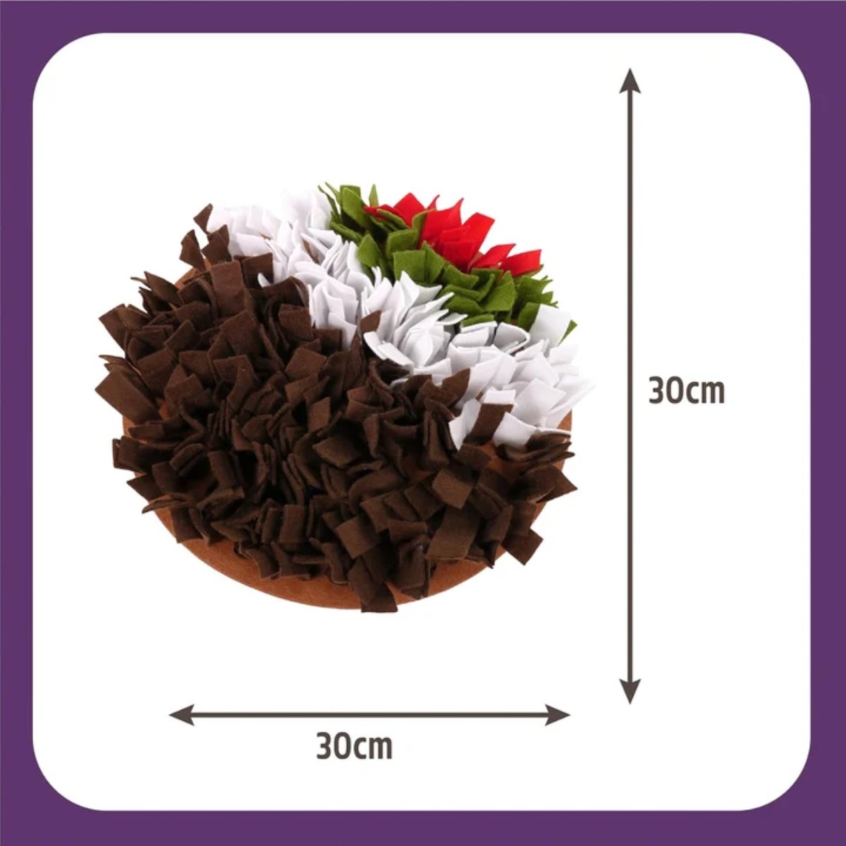 Rosewood Pudding Snuffle & Forage Mat product dimensions diagram showing a 30 cm wide by 30 cm long felt enrichment mat.