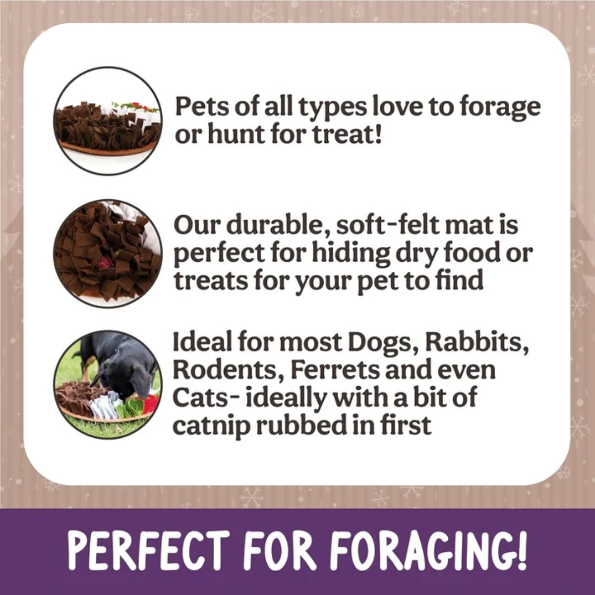 Rosewood Pudding Snuffle & Forage Mat information graphic highlighting felt treat-hiding strips and suitability for dogs, rabbits, rodents, ferrets and cats.