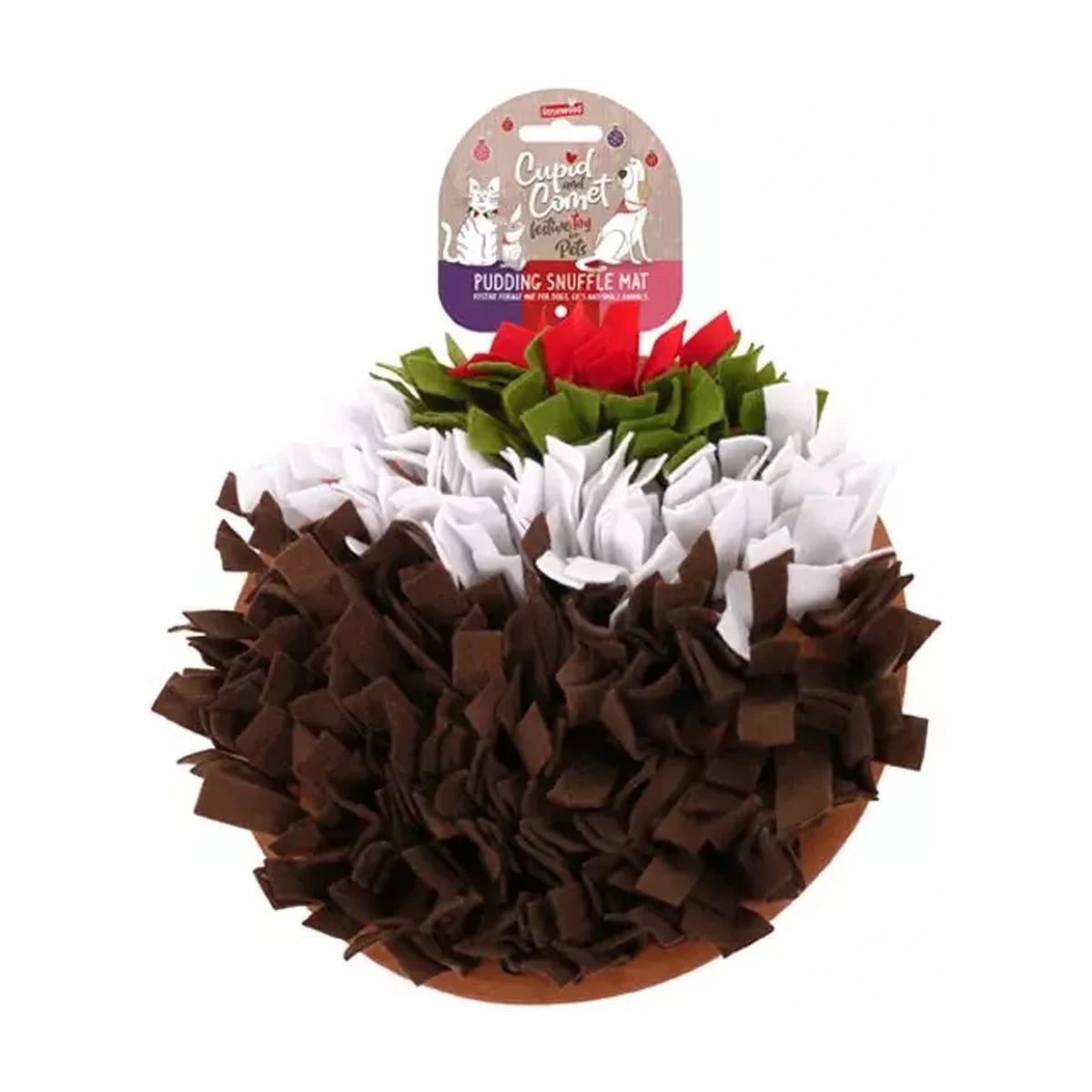 Rosewood Pudding Snuffle & Forage Mat for pets with Christmas pudding-inspired brown, white, green and red felt strips and original Rosewood packaging.