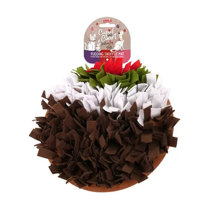 Rosewood Pudding Snuffle & Forage Mat for pets with Christmas pudding-inspired brown, white, green and red felt strips and original Rosewood packaging.