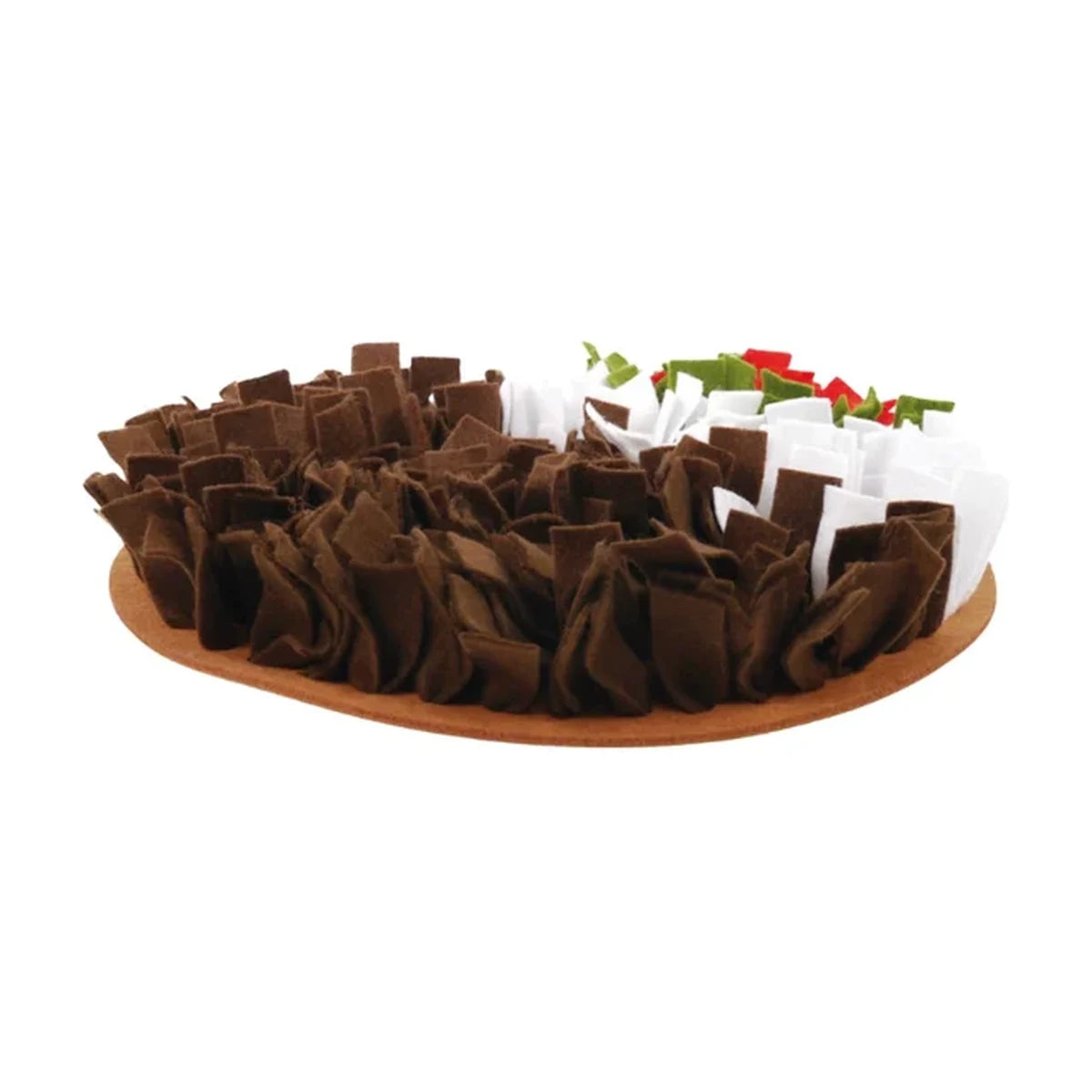 Side view of Rosewood Pudding Snuffle & Forage Mat showing dense brown, white, green and red felt strips arranged on a round brown base.