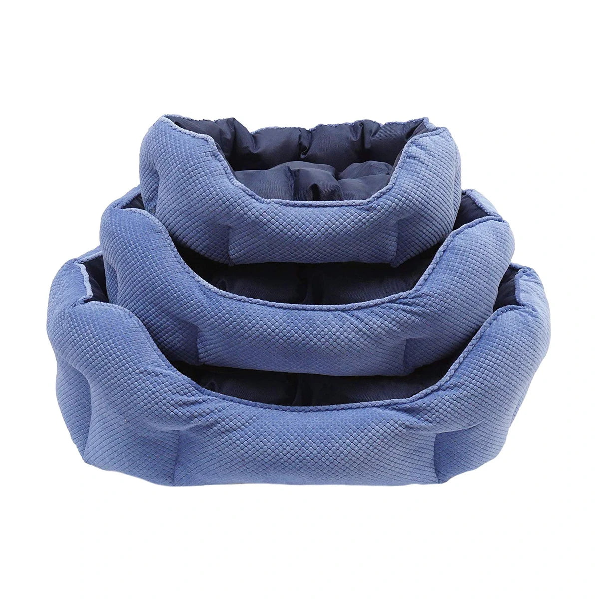 Three Rosewood Quilted Navy Water-Resistant Dog Beds stacked to show the Small, Medium and Large sizes with padded navy interiors.