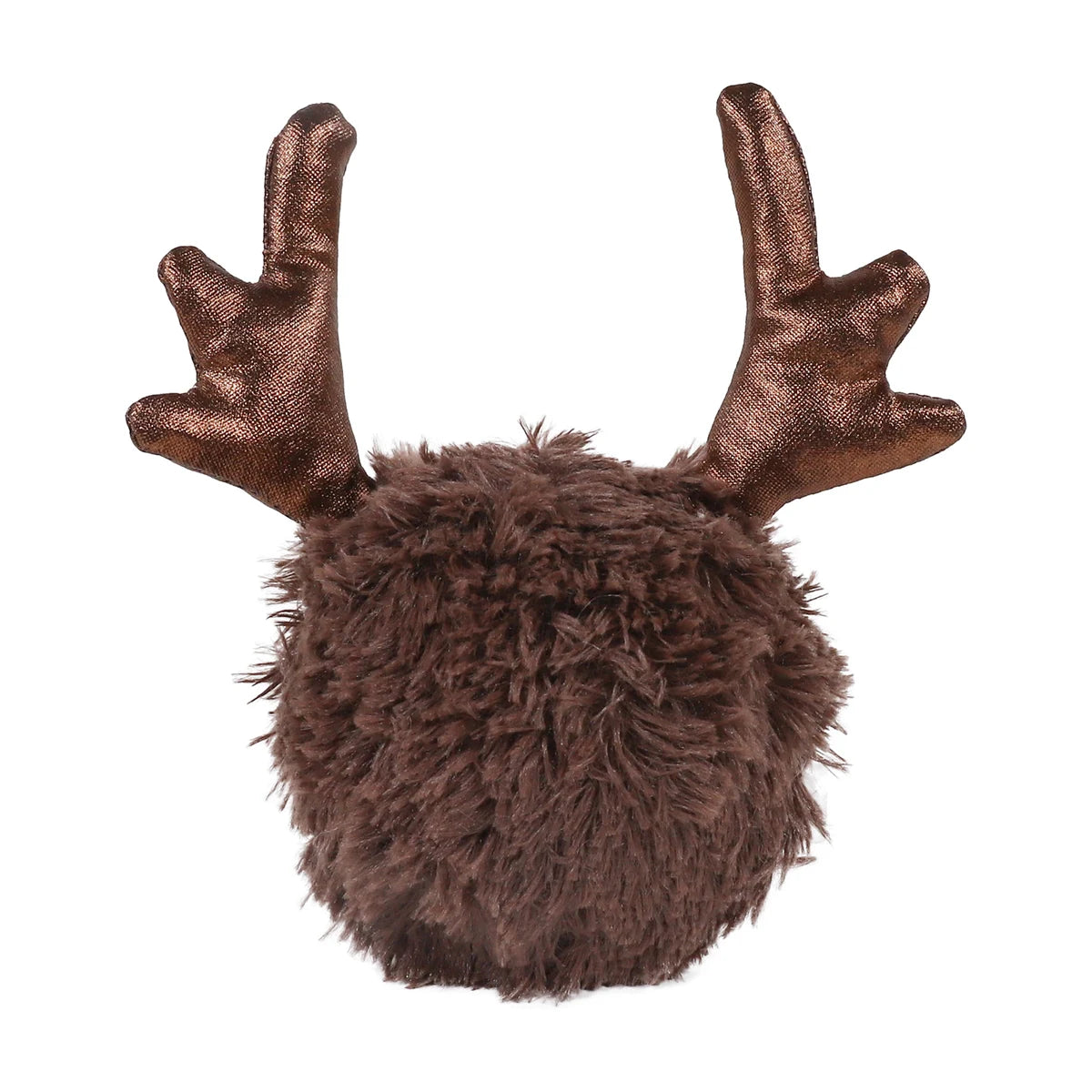 Rear view of Rosewood Ralphie Reindeer plush tennis ball dog toy showing fluffy brown fabric and metallic bronze antlers.