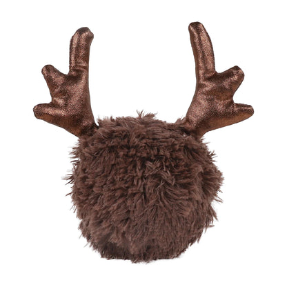 Rear view of Rosewood Ralphie Reindeer plush tennis ball dog toy showing fluffy brown fabric and metallic bronze antlers.