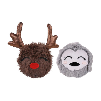 Rosewood Ralphie Reindeer and Parker Penguin fluffy Christmas dog toys displayed side by side on a white background.