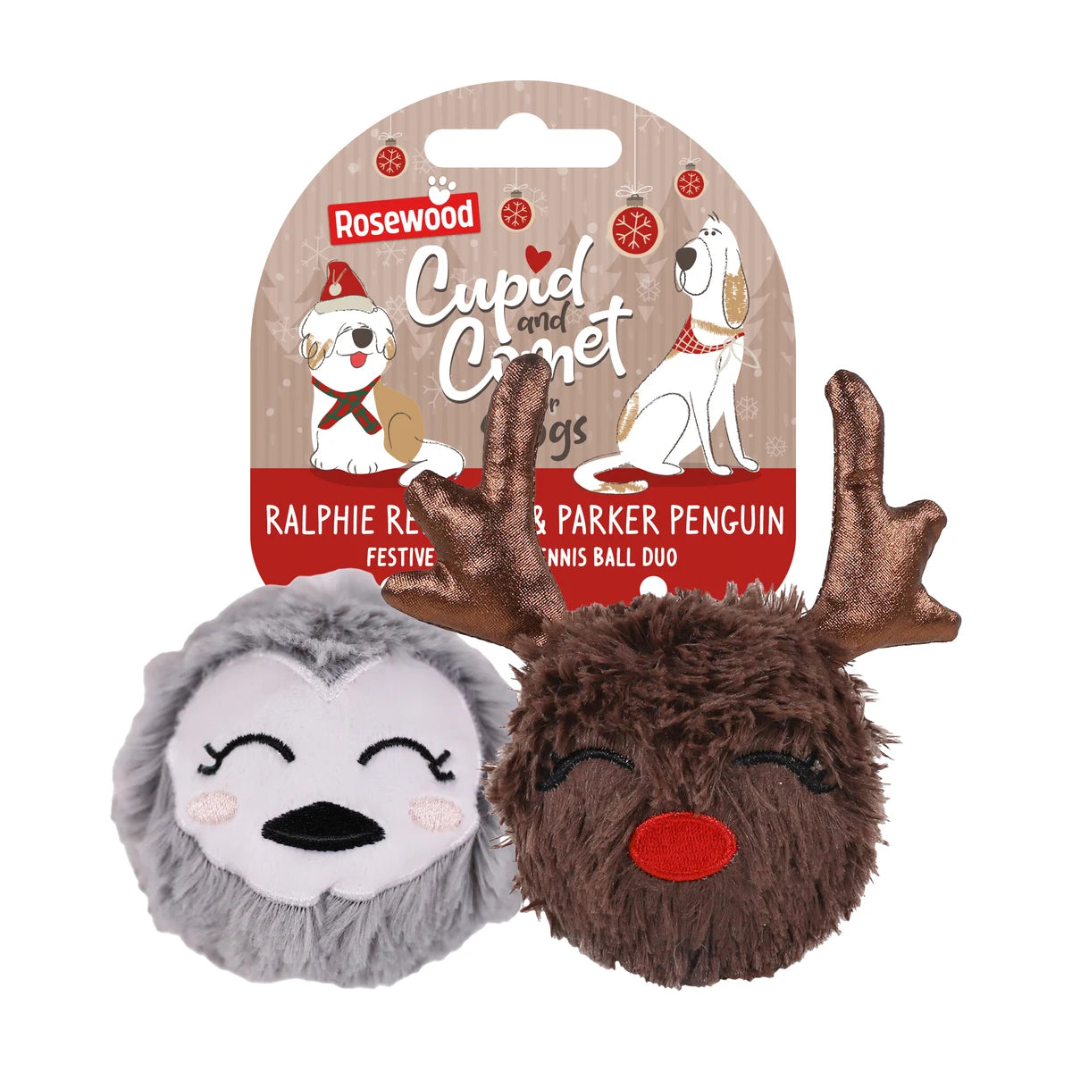 Rosewood Ralphie Reindeer and Parker Penguin Christmas plush tennis ball dog toy duo with festive character faces and branded packaging.
