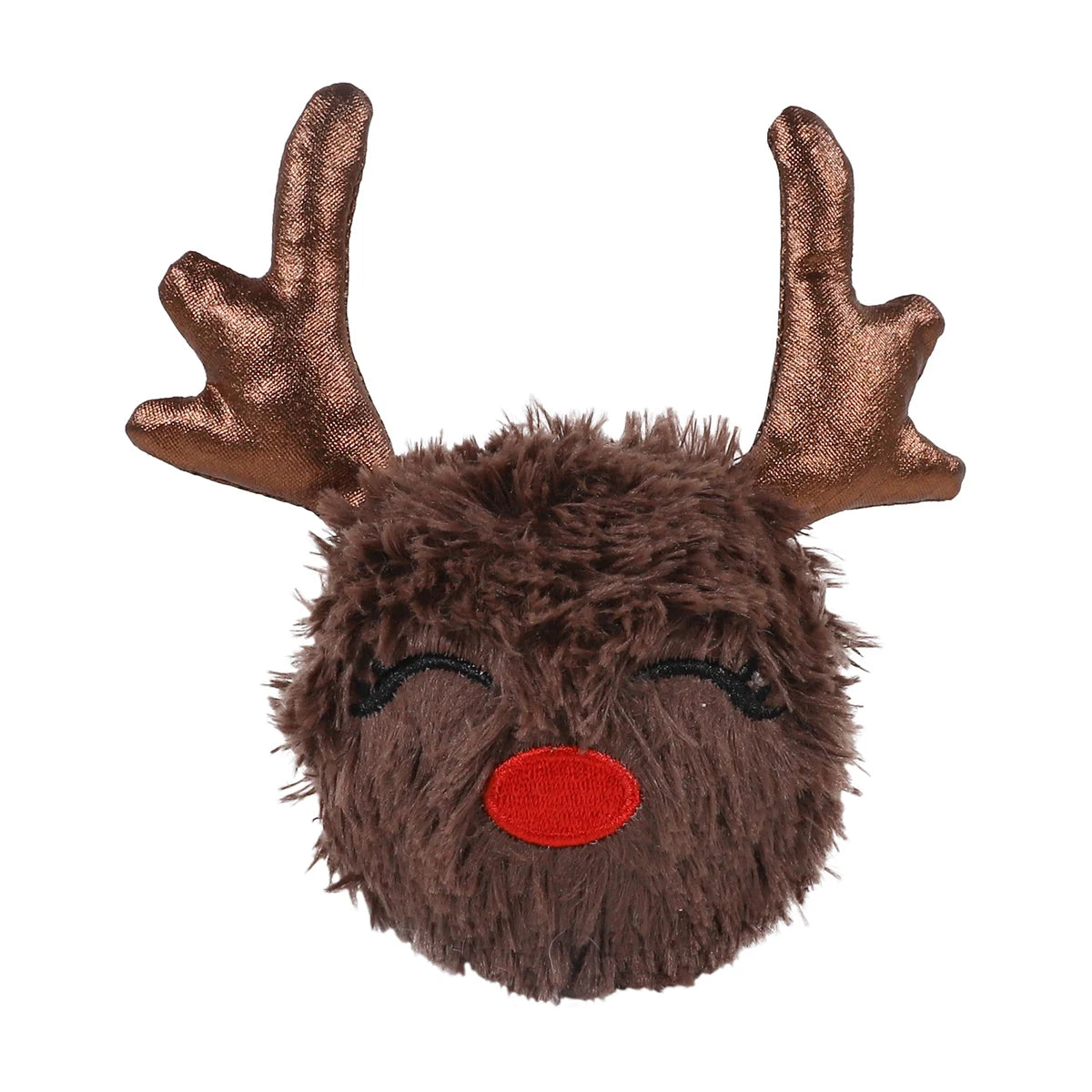 Rosewood Ralphie Reindeer Christmas dog toy with fluffy brown plush, red nose, embroidered closed eyes and shiny bronze antlers.