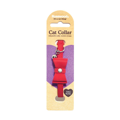 Rosewood red bow tie cat collar in retail packaging with safety buckle indication