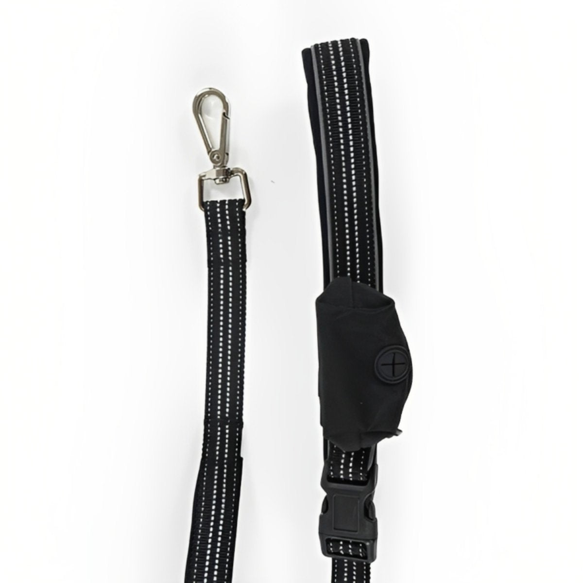 Close-up of the Rosewood Reflective Hands-Free Dog Lead showing its metal clasp, black reflective nylon webbing, waist belt buckle and attached pouch.