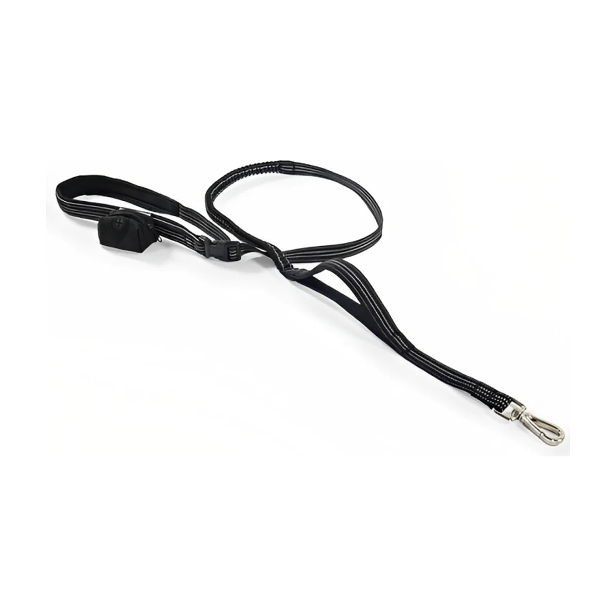 Black Rosewood Reflective Exercise Dog Lead laid out on a white background, showing the hands-free waist belt, reflective stitching, metal clasp and bungee section.
