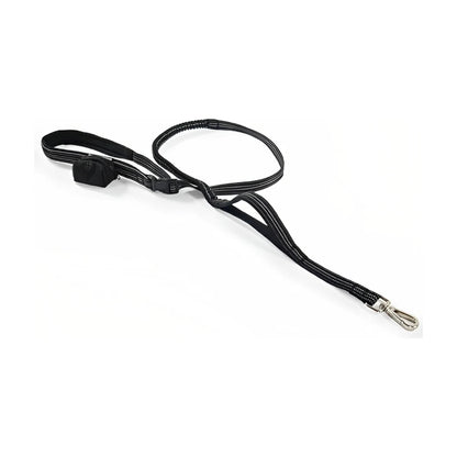 Black Rosewood Reflective Exercise Dog Lead laid out on a white background, showing the hands-free waist belt, reflective stitching, metal clasp and bungee section.