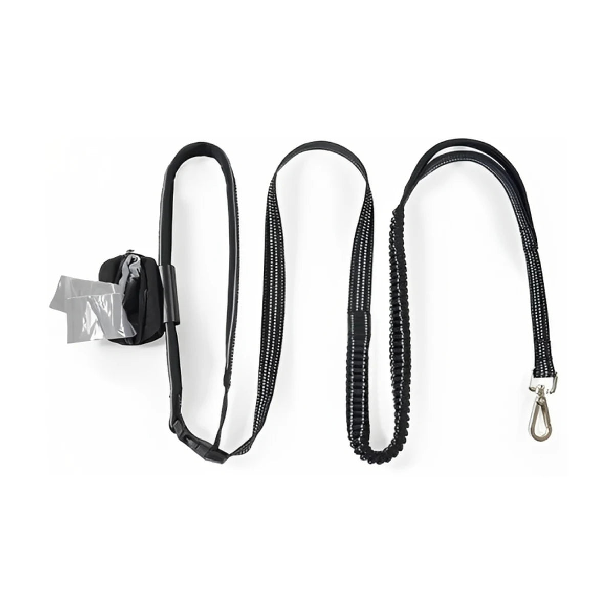 Rosewood Reflective Hands-Free Dog Lead in black, showing the waist belt, shock-absorbing bungee section, metal clasp and attached poop-bag holder.