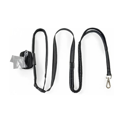 Rosewood Reflective Hands-Free Dog Lead in black, showing the waist belt, shock-absorbing bungee section, metal clasp and attached poop-bag holder.