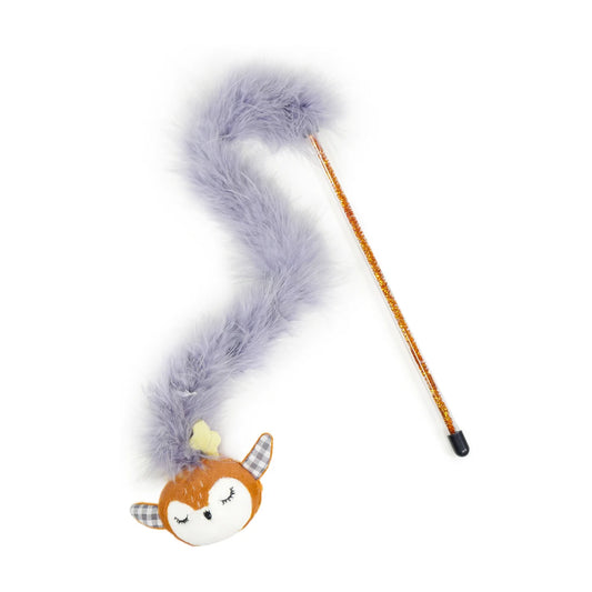 Rosewood Reindeer Tinsel Christmas Cat Teaser Wand with a fluffy grey feather boa, cute brown reindeer face, sparkling gold tinsel wand and black handle on a white background.