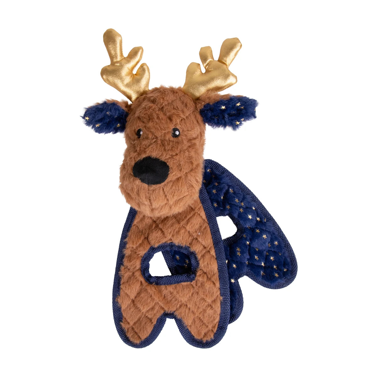 Rosewood Ren Reindeer Christmas dog toy opened to show its interactive tugging design, with plush brown reindeer front and navy blue star-patterned fabric.